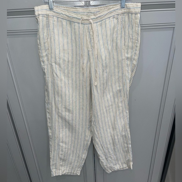J. Jill Love Linen tan and blue striped drawstring casual pants size medium - Picture 1 of 7